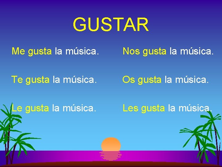 GUSTAR Me gusta la música. Nos gusta la música. Te gusta la música. Os