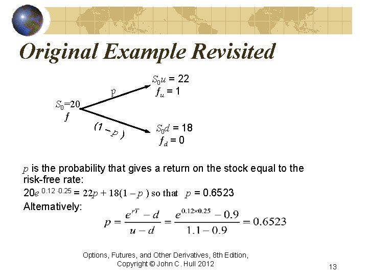 Original Example Revisited p S 0=20 ƒ (1 – p) S 0 u =