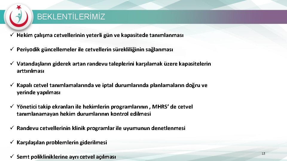 BEKLENTİLERİMİZ ü Hekim çalışma cetvellerinin yeterli gün ve kapasitede tanımlanması ü Periyodik güncellemeler ile