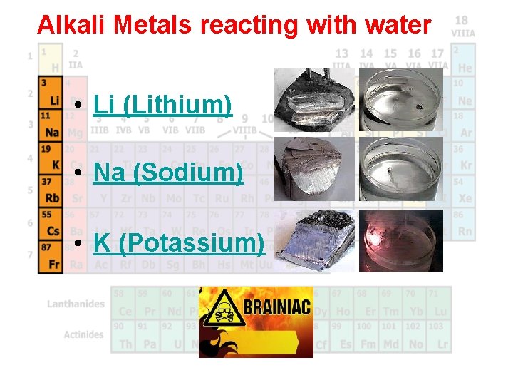 Alkali Metals reacting with water • Li (Lithium) • Na (Sodium) • K (Potassium)