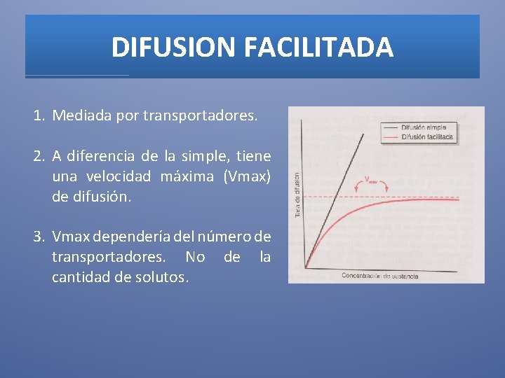 DIFUSION FACILITADA 1. Mediada por transportadores. 2. A diferencia de la simple, tiene una