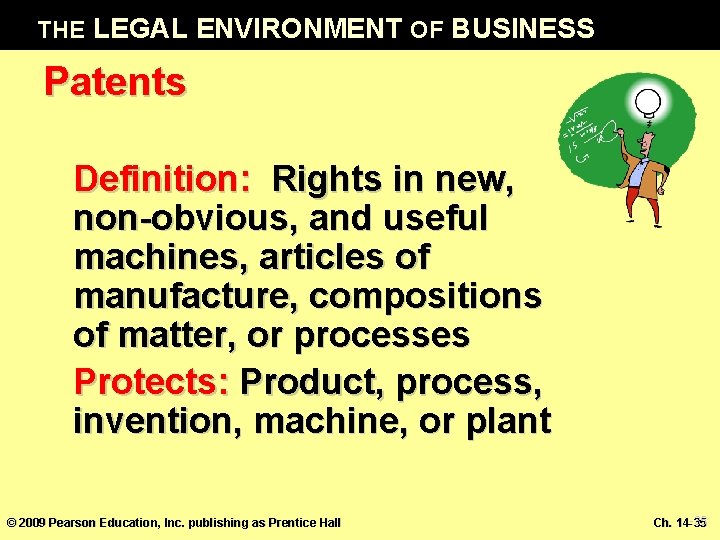 THE LEGAL ENVIRONMENT OF BUSINESS Patents Definition: Rights in new, non-obvious, and useful machines,