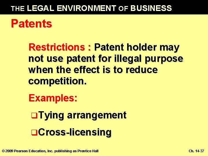 THE LEGAL ENVIRONMENT OF BUSINESS Patents Restrictions : Patent holder may not use patent