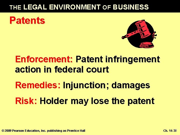 THE LEGAL ENVIRONMENT OF BUSINESS Patents Enforcement: Patent infringement action in federal court Remedies: