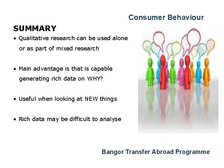 Consumer Behaviour SUMMARY • Qualitative research can be used alone or as part of
