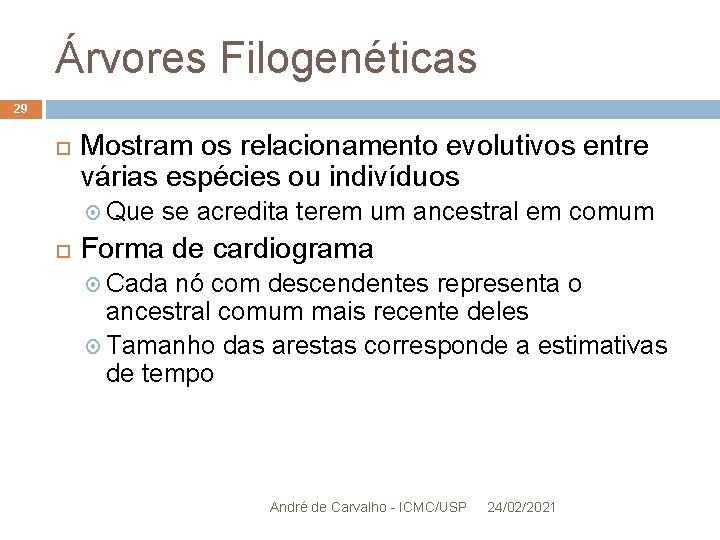 Árvores Filogenéticas 29 Mostram os relacionamento evolutivos entre várias espécies ou indivíduos Que se