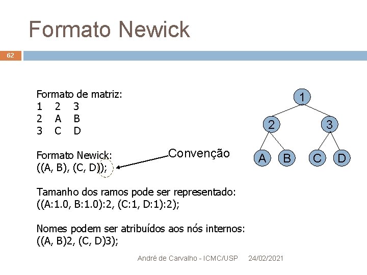 Formato Newick 62 Formato de matriz: 1 2 3 2 A B 3 C