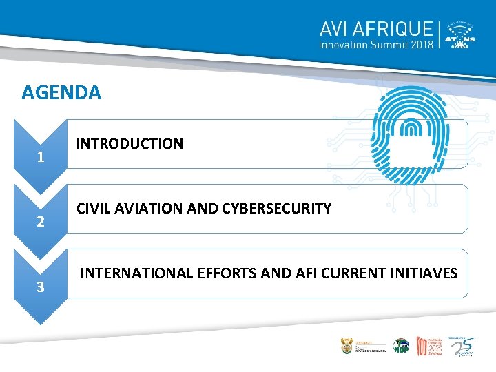 AGENDA 1 2 3 INTRODUCTION CIVIL AVIATION AND CYBERSECURITY INTERNATIONAL EFFORTS AND AFI CURRENT