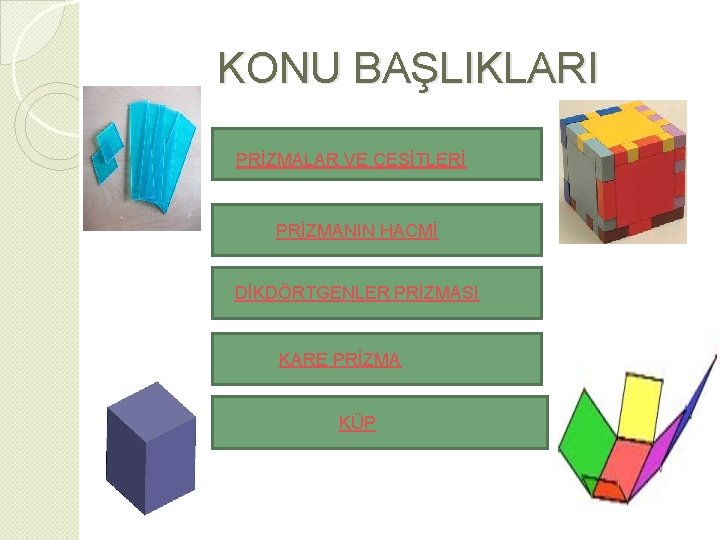 KONU BAŞLIKLARI PRİZMALAR VE ÇEŞİTLERİ PRİZMANIN HACMİ DİKDÖRTGENLER PRİZMASI KARE PRİZMA KÜP 