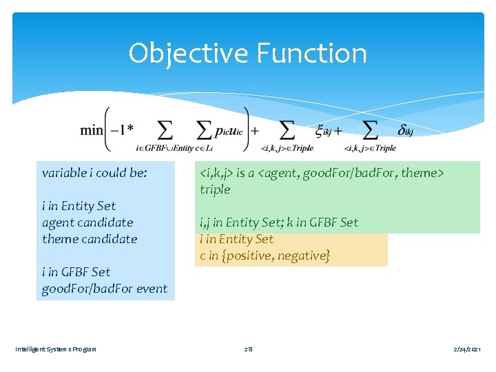 Objective Function variable i could be: i in Entity Set agent candidate theme candidate