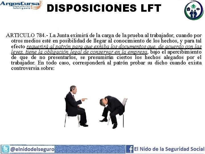 DISPOSICIONES LFT ARTICULO 784. - La Junta eximirá de la carga de la prueba