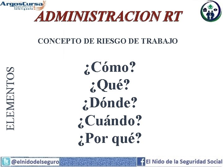 ADMINISTRACION RT ELEMENTOS CONCEPTO DE RIESGO DE TRABAJO ¿Cómo? ¿Qué? ¿Dónde? ¿Cuándo? ¿Por qué?