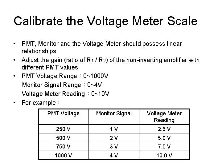 Calibrate the Voltage Meter Scale • PMT, Monitor and the Voltage Meter should possess Calibrate the Voltage Meter Scale • PMT, Monitor and the Voltage Meter should possess