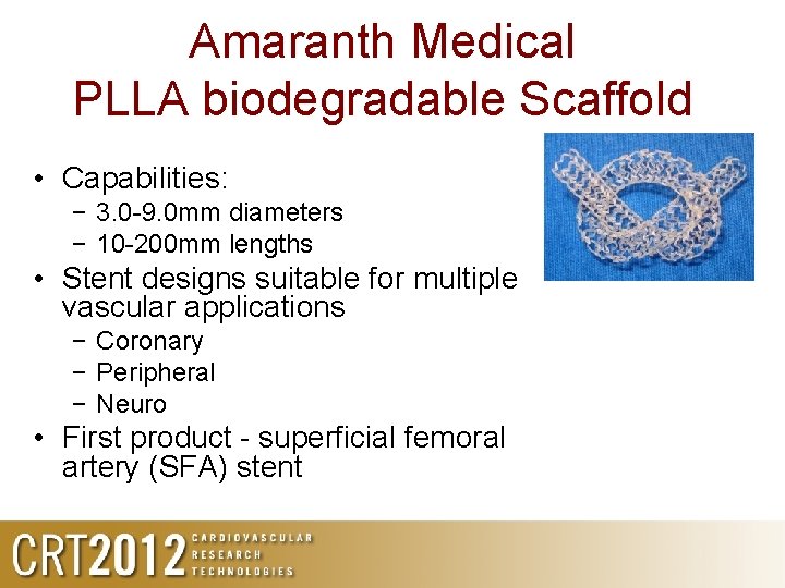 Amaranth Medical PLLA biodegradable Scaffold • Capabilities: − 3. 0 -9. 0 mm diameters