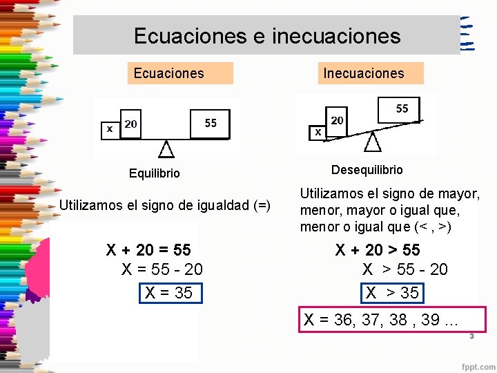 Ecuaciones e inecuaciones Equilibrio Utilizamos el signo de igualdad (=) X + 20 =