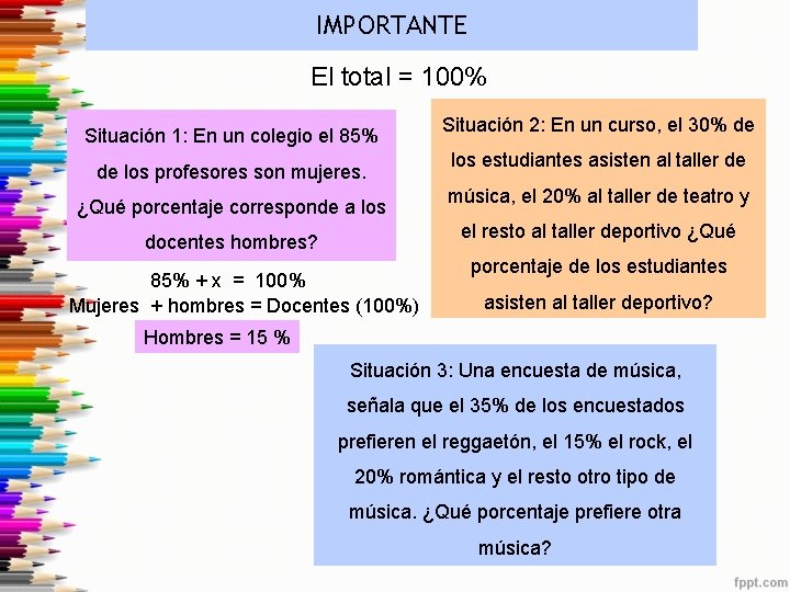 IMPORTANTE El total = 100% Situación 1: En un colegio el 85% de los