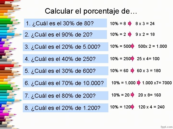 Calcular el porcentaje de… 1. ¿Cuál es el 30% de 80? 10% = 8