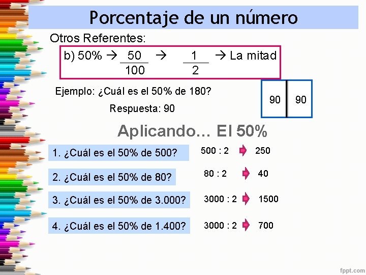 Porcentaje de un número Otros Referentes: b) 50% 50 100 1 2 La mitad