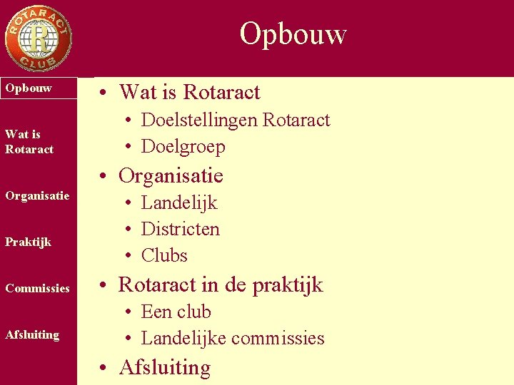 Opbouw Wat is Rotaract • Wat is Rotaract • Doelstellingen Rotaract • Doelgroep •