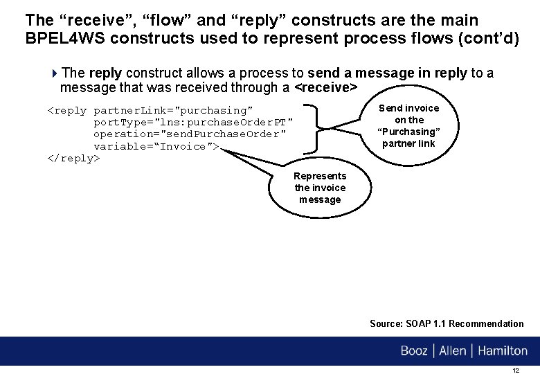 The “receive”, “flow” and “reply” constructs are the main BPEL 4 WS constructs used