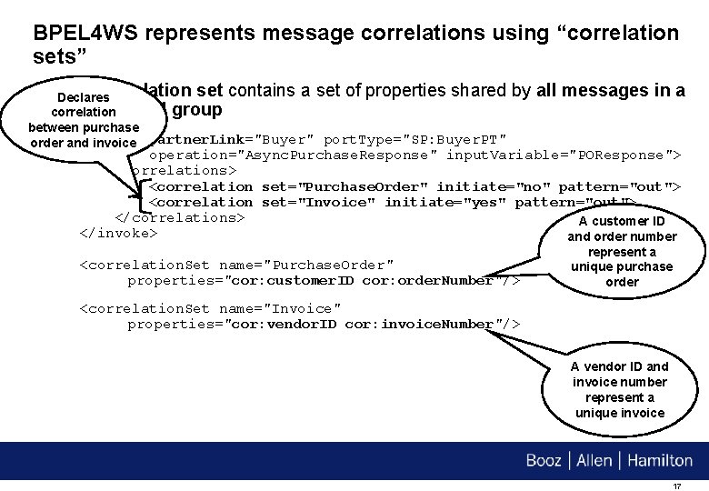 BPEL 4 WS represents message correlations using “correlation sets” 4 A correlation set contains