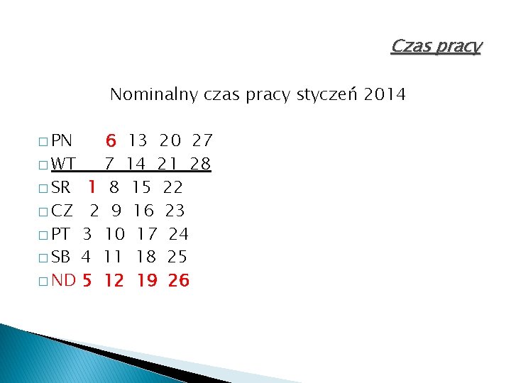 Czas pracy Nominalny czas pracy styczeń 2014 � PN 6 13 20 27 �