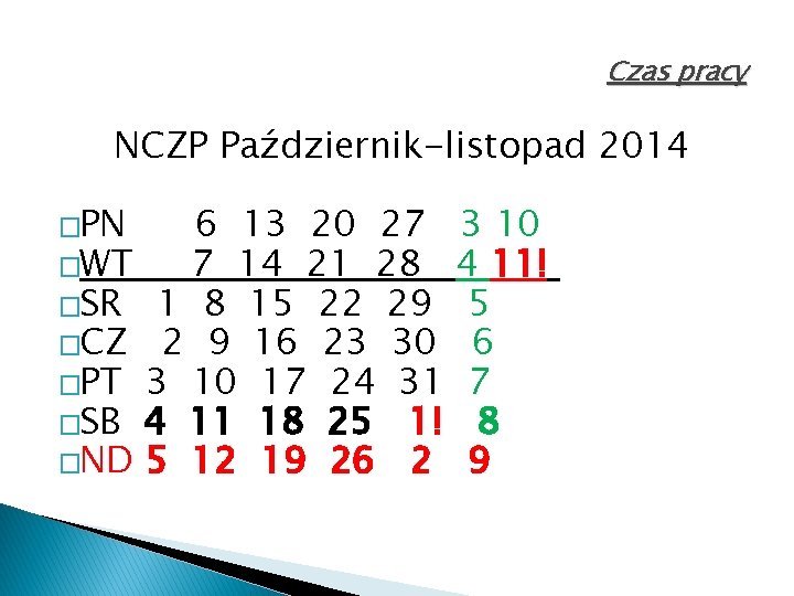 Czas pracy NCZP Październik-listopad 2014 �PN 6 13 20 27 �WT 7 14 21