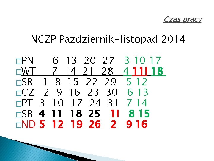 Czas pracy NCZP Październik-listopad 2014 �PN 6 13 20 27 �WT 7 14 21