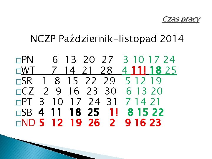 Czas pracy NCZP Październik-listopad 2014 �PN 6 13 20 27 �WT 7 14 21