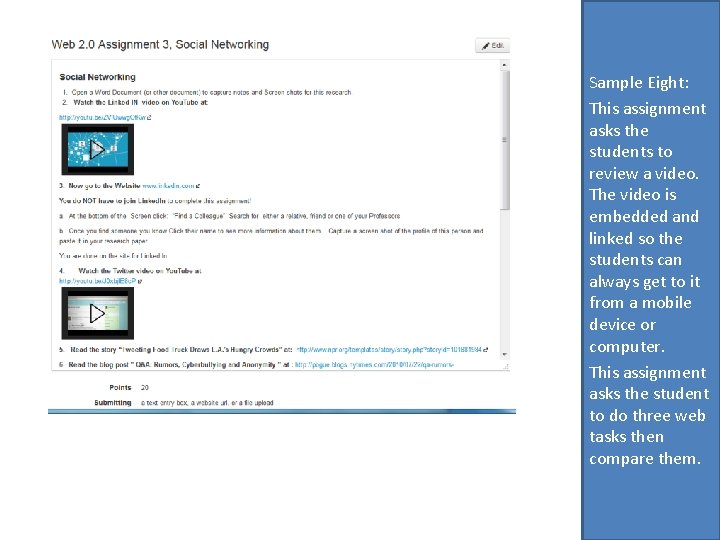 Sample Eight: This assignment asks the students to review a video. The video is