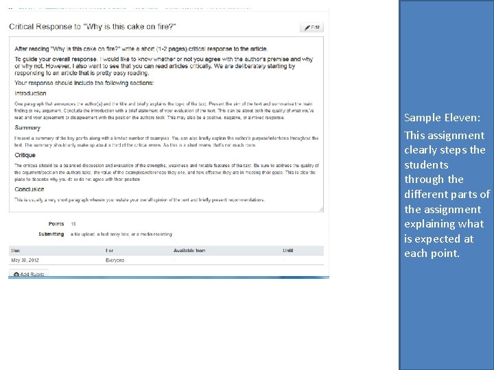 Sample Eleven: This assignment clearly steps the students through the different parts of the