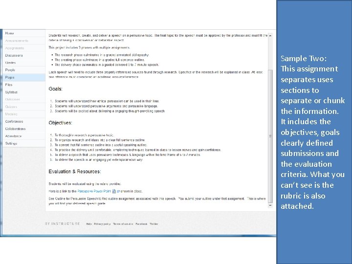 Sample Two: This assignment separates uses sections to separate or chunk the information. It