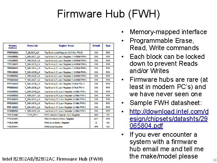 Firmware Hub (FWH) Intel 82802 AB/82802 AC Firmware Hub (FWH) • Memory-mapped interface •