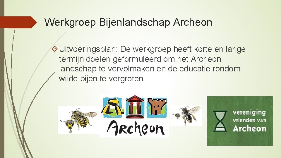 Werkgroep Bijenlandschap Archeon Uitvoeringsplan: De werkgroep heeft korte en lange termijn doelen geformuleerd om