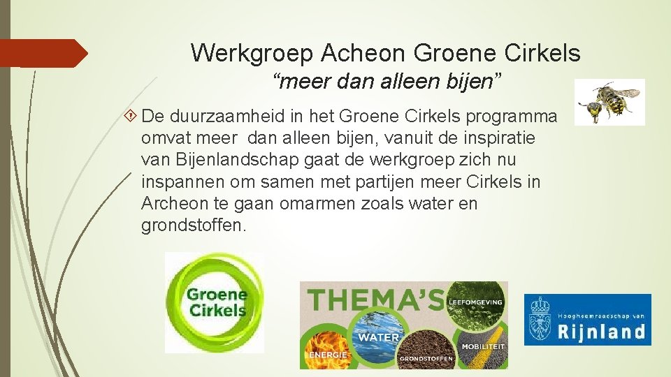 Werkgroep Acheon Groene Cirkels “meer dan alleen bijen” De duurzaamheid in het Groene Cirkels