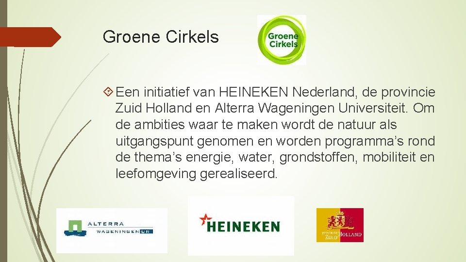 Groene Cirkels Een initiatief van HEINEKEN Nederland, de provincie Zuid Holland en Alterra Wageningen