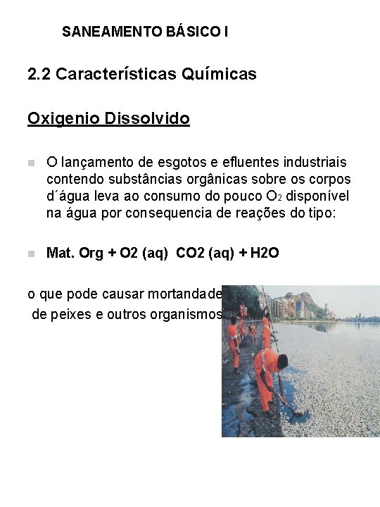 SANEAMENTO BÁSICO I 2. 2 Características Químicas Oxigenio Dissolvido n O lançamento de esgotos
