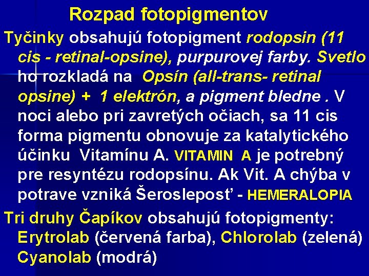 Rozpad fotopigmentov Tyčinky obsahujú fotopigment rodopsin (11 cis - retinal-opsine), purpurovej farby. Svetlo ho