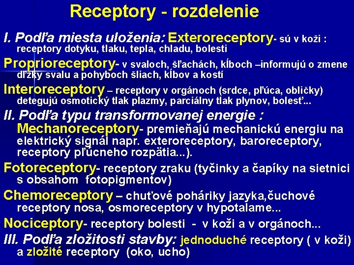  Receptory - rozdelenie I. Podľa miesta uloženia: Exteroreceptory- sú v koži : receptory