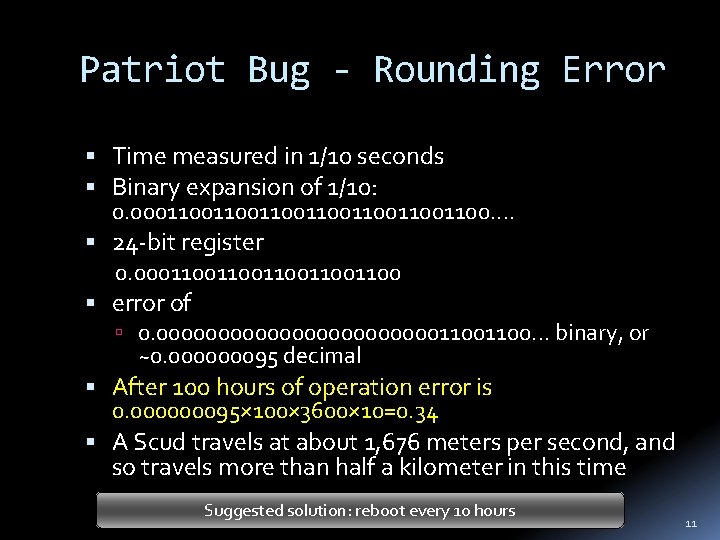 Patriot Bug - Rounding Error Time measured in 1/10 seconds Binary expansion of 1/10: