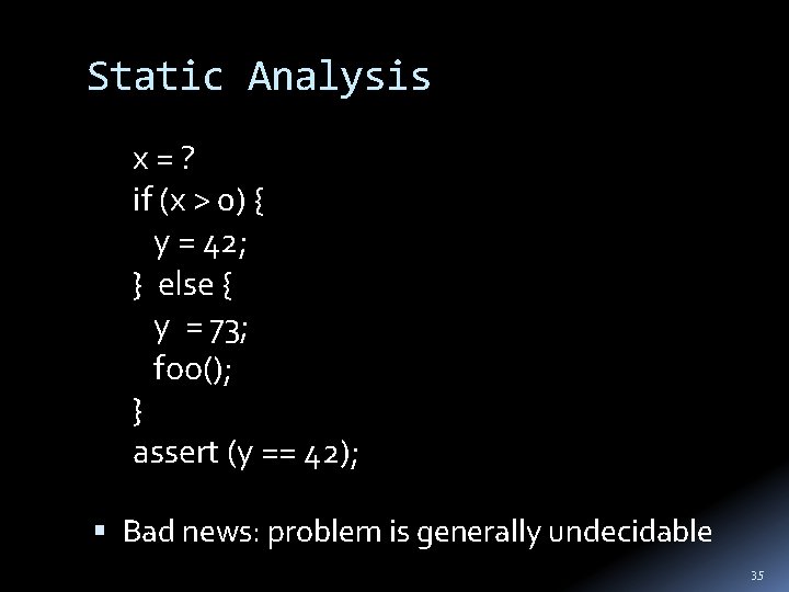 Static Analysis x = ? if (x > 0) { y = 42; }