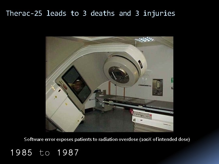 Therac-25 leads to 3 deaths and 3 injuries Software error exposes patients to radiation