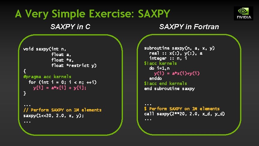 A Very Simple Exercise: SAXPY in C SAXPY in Fortran void saxpy(int n, float A Very Simple Exercise: SAXPY in C SAXPY in Fortran void saxpy(int n, float