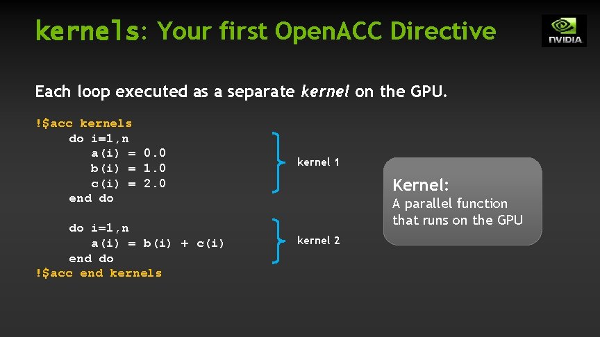kernels: Your first Open. ACC Directive Each loop executed as a separate kernel on kernels: Your first Open. ACC Directive Each loop executed as a separate kernel on