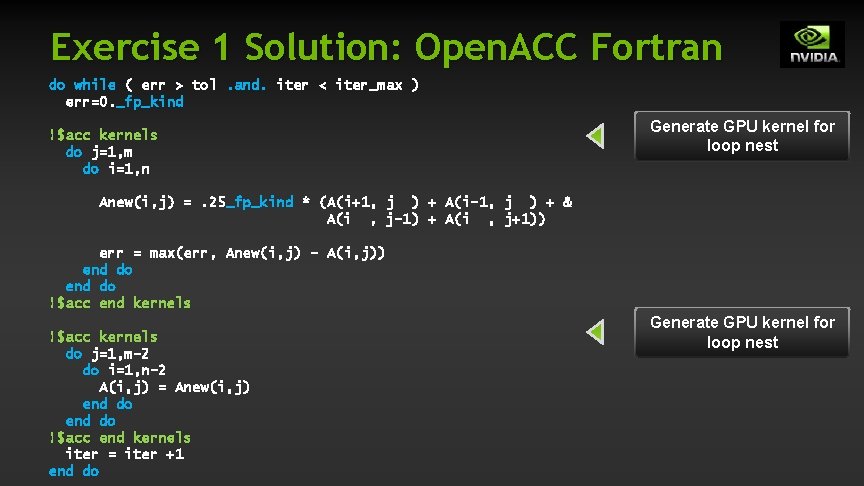 Exercise 1 Solution: Open. ACC Fortran do while ( err > tol. and. iter Exercise 1 Solution: Open. ACC Fortran do while ( err > tol. and. iter