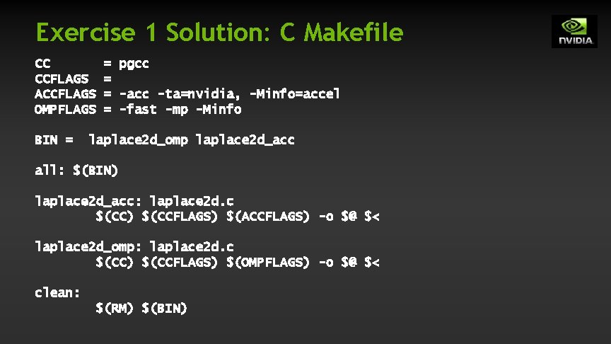 Exercise 1 Solution: C Makefile CC CCFLAGS ACCFLAGS OMPFLAGS BIN = = pgcc = Exercise 1 Solution: C Makefile CC CCFLAGS ACCFLAGS OMPFLAGS BIN = = pgcc =