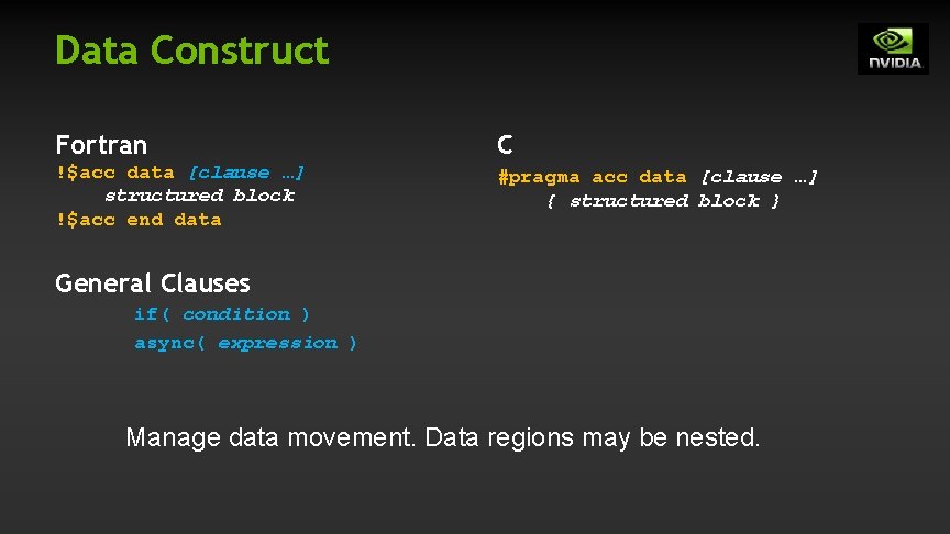 Data Construct Fortran C !$acc data [clause …] structured block !$acc end data #pragma