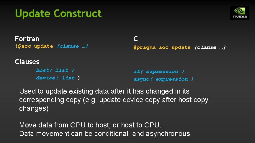 Update Construct Fortran C !$acc update [clause …] #pragma acc update [clause …] Clauses