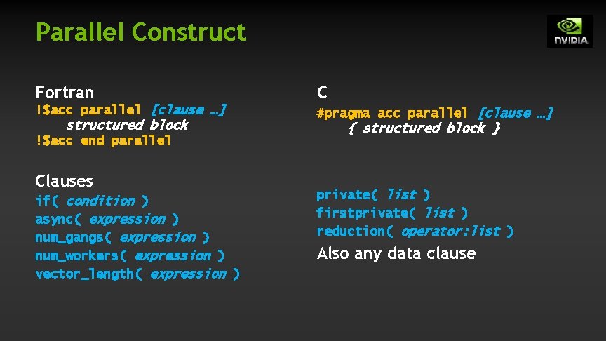 Parallel Construct Fortran C !$acc parallel [clause …] #pragma acc parallel [clause …] structured