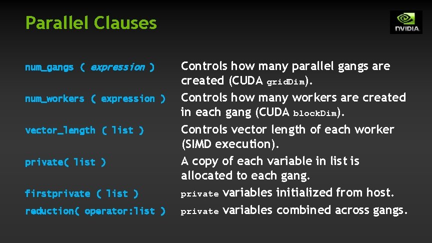 Parallel Clauses num_gangs ( expression ) num_workers ( expression ) vector_length ( list ) Parallel Clauses num_gangs ( expression ) num_workers ( expression ) vector_length ( list )